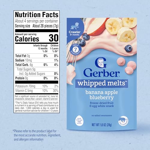 Image of Gerber Stage 3 Banana Apple Blueberry Whipped Melts, 1 Oz, 7 Pack | Stage 3 baby snack; banana apple blueberry whipped melts; baby led feeding; 7 x 1 oz pouches