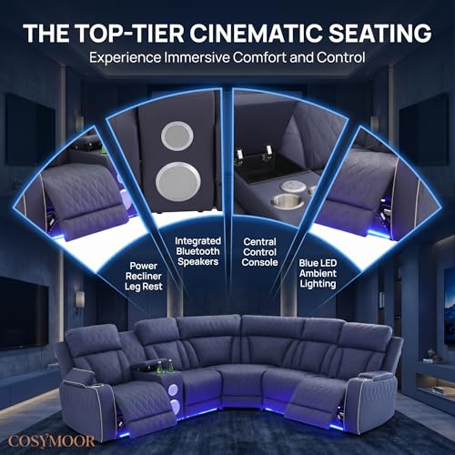 Image of Leather Power Recliner Sectional Sofa Set with LED, Sanded Leather Reclining Corner Couch & Loveseat, L-Shaped Recliner Sofa Power Loveseat with Bass Speakers for Living Room