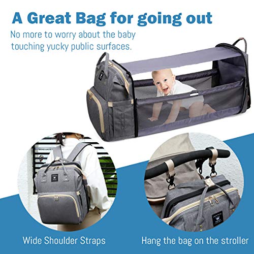 Diaper Bag Backpack with Changing Station, Nappy Baby Bags with Foldable Baby Bed & Portable Changing Pad, 900D Waterproof Crib Infant Sleeper Nest for Girl Boy (Grey)