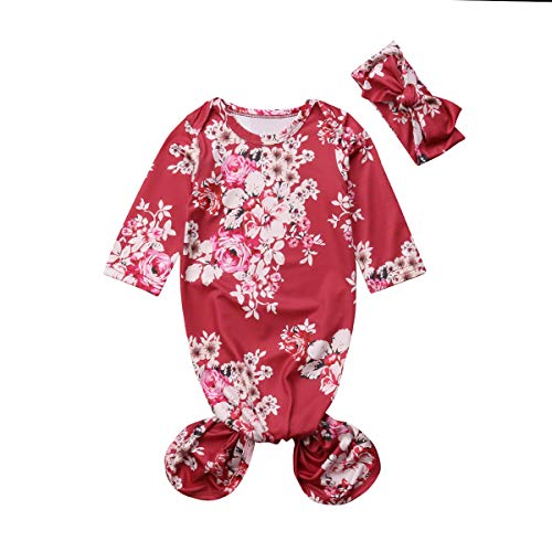 Infant Newborn Baby Floral Sleeping Bag Swaddle Blanket with Headband Outfits (Red, 0-6 Months)