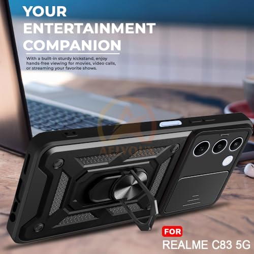 Image of Armor Bumper Back Cover Case for Realme C83 5G | Rotating Camera Cover, Ring Holder & Kickstand | Heavy Duty & 360 Degree Protection Realme C83 5G Back Cover (Black)