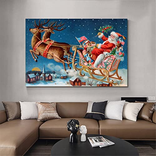 Deer Holidays Christmas Santa Claus Sled Poster Decorative Painting Canvas Wall Art Living Room Posters Bedroom Painting 16X24Inch(40X60Cm) #TOP3