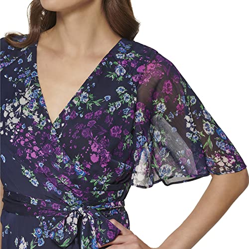 Dkny Women's Fit And Flare V Neck Cape Sleeve Dress, Mdnght/Bl Lgoon, 16 #TOP4