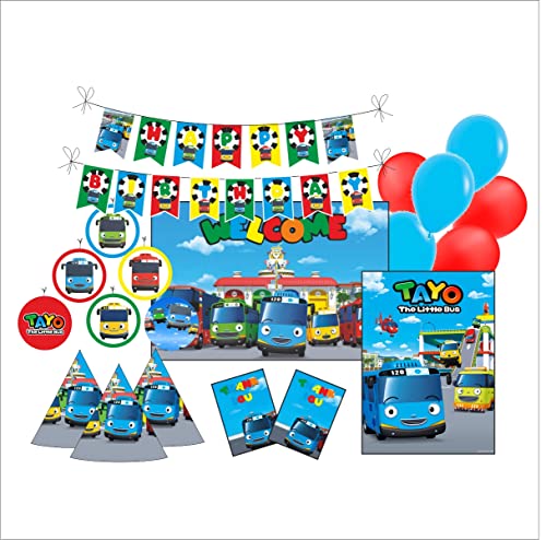 Image of PRETTY UR PARTY Tayo the little Bus Party decorations Kit - 80 pcs includes Banner, balloons, danglers. Tayo the Bus Birthday Party Supplies, Tayo Birthday Party Decor, Birthday Banner for Boys Kids