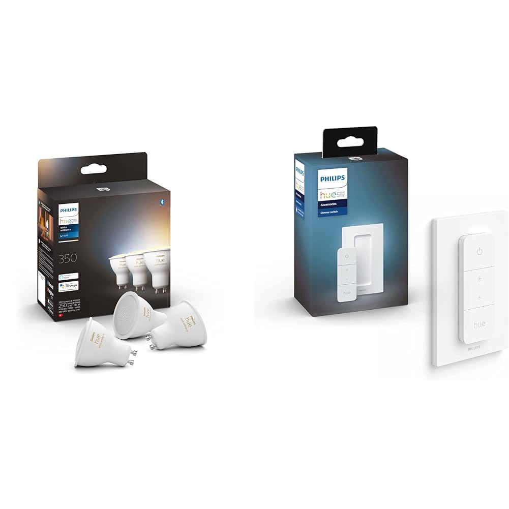 Philips Hue White Ambiance, ampoule LED connectées GU10 4.3W compatible Bluetooth, Lot de 3 & Hue Dim Switch Télécommande nomade variateur de lumière V2