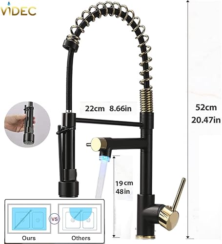 Miniatura 7 de VIDEC Grifo de cocina inteligente, rociador desplegable de 3 modos, control de temperatura LED, válvula de cerámica, rotación de 360 grados, placa