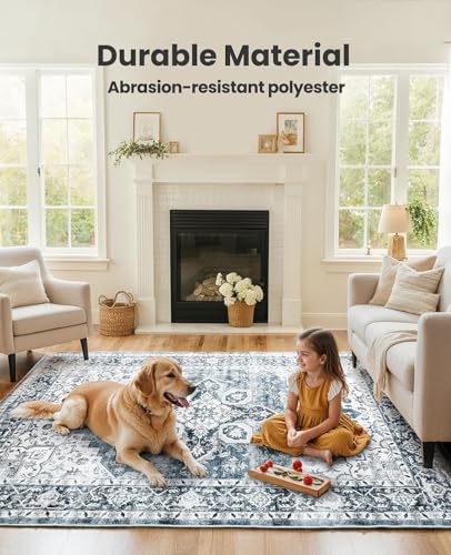 AMADA HOMEFURNISHING 6x9 Area Rugs, Blue Low-Profile Washable Rug with Non-Slip Backing & Durable Edge Binding, Vintage Rugs for Living Room, Bedroom, Dinning Room