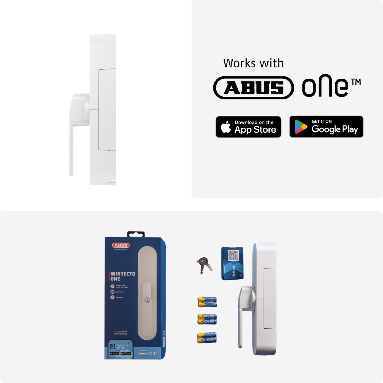 ABUS Fensterantrieb WINTECTO One – smarter Fenstergriff für Fenster, Balkon- und Terrassentür – mit Alarmfunktion – einfache Montage ohne Bohren – Weiß, gleichschließend (AL0145)