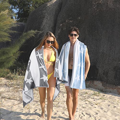 Clowood Large Oversized Beach Towel - Velour Cotton 40 X 70 Inch Fluffy Blue Starfish Striped Plush Pool Cabana Swimming Towel #TOP2