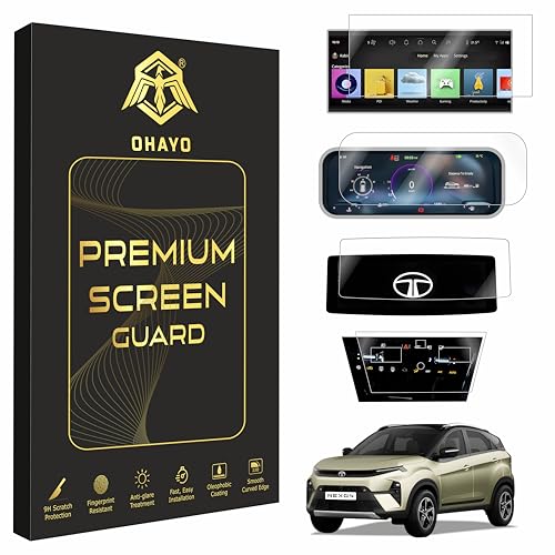 Image of OHAYO 4 Pack Car Display Screen Protector for Tata Curvv 2024 Facelift Accomplished+A | 12.3 inch Infotainment, Instrument Cluster, Steering & AC Panel Protection | 9H Hardness, Military Strength, Scratch Resistant, Not Tempered Glass