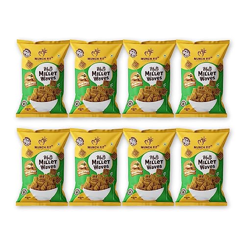Image of Munch Fit Healthy & Tasty Pani Puri Flavour Millet Snacks | Millet Waves | Roasted, Healthy & Tasty Snack for Office Party Snack | 100% Veg, High Fibre, Gluten Free, Non Fried | Pack of 8x50g each