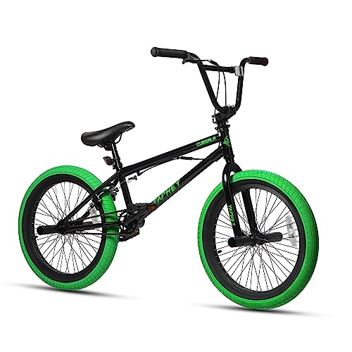 cubsala Freestyle BMX Bike, 20 Inch Yaphet Bicycle for Teen Beginner Adult Riders, Bike with 360° Rotating Handlebar and 4 pegs, Black with Green Tires