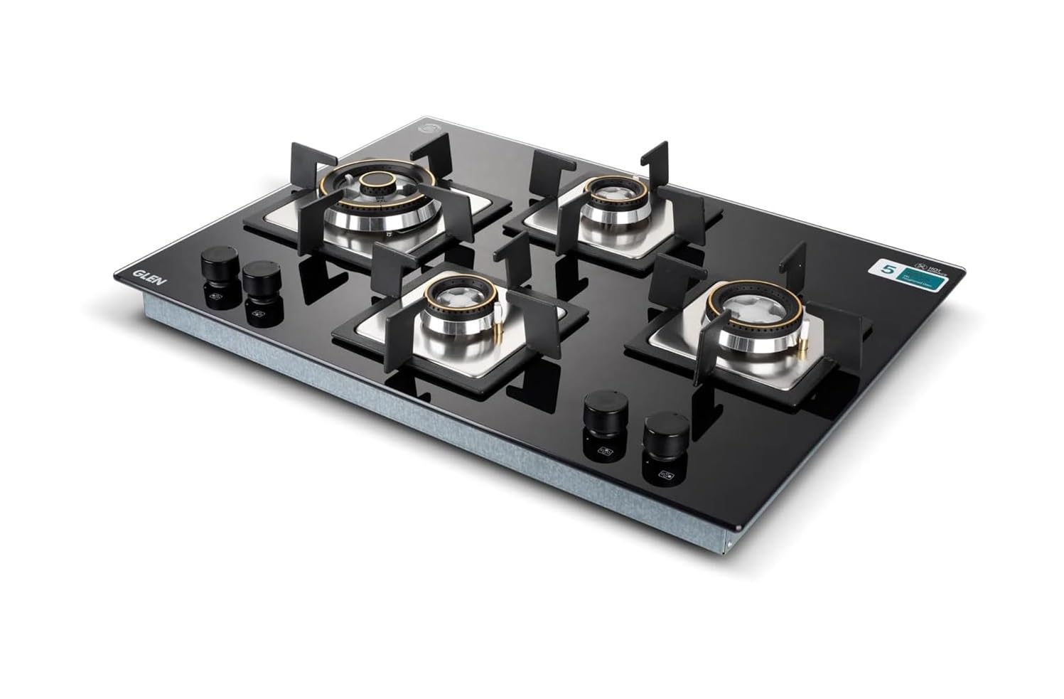 Glen Built In Hob 4 Burner Gas Stoves Auto Ignition 8 MM Toughened Glass Black Forged Brass Burner with Double Ring Flame Hob Gas Stove 4 Burner