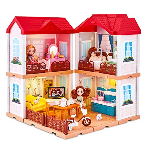UNIH Doll House Dream House , Toddler Dollhouse for Little Girls 3 4 5 Years Old, Doll House Playset with Furniture,Doll Accessories Birthday Gift Toy for Girls Kids Toddlers