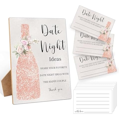 Date Night Ideas for Couples, Bridal Shower Games Date Night Sign, 1 Wooden Sign with 50 Cards, Floral Wishes Advice Game for Wedding, Bachelorette Party Night, Engagement Decoration Cover