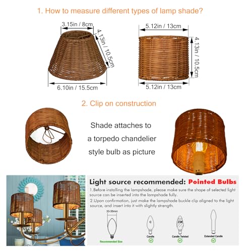 Wall Lamp Shades Clip On,Wicker lampshade Set of 3 Lampshades for Candle Crystal Chandelier,Woven Rattan Small Tapered Chandelier Lampshade Bell,15.5 * 8 * 9.5 (cm) - Image 3