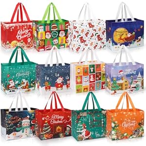 Mokani 12PCS Christmas Bags with Tissue Paper, Multipack Non-Woven Xmas Gift Bags, Reusable Waterproof Tote Bag with Handles for Presents, Ideal for Gift Wrap, Parties Decoration
