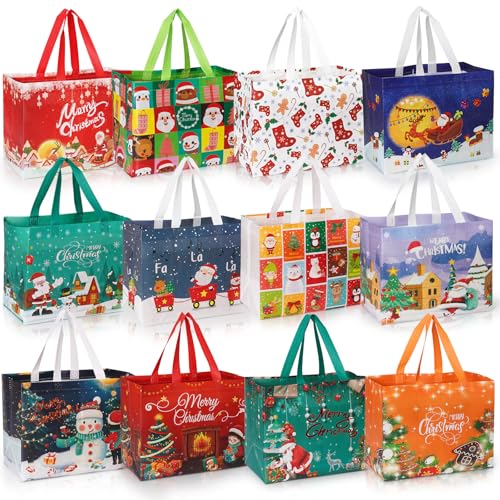 Mokani 12PCS Christmas Bags with Tissue Paper, Multipack Non-Woven Xmas Gift Bags, Reusable Waterproof Tote Bag with Handles for Presents, Ideal for Gift Wrap, Parties Decoration