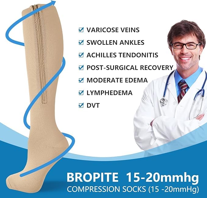 Image of bropite Zipper Close Toe Compression Socks for Women and Men 2 Pairs Knee high 15-20mmHg for Walking Running Nurses Pregnancy