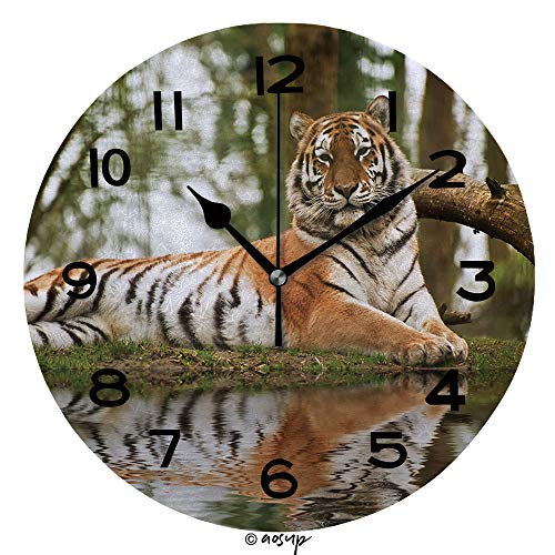 AmaUncle 10 Inch Round Face Silent Wall Clock Lying Tiger Unique Contemporary Home