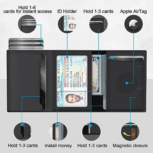 GAOCHALE AirTag Wallet [Top Grain Leather] Smart Pop Up Air Tag Wallet [Quick Access] RFID Blocking Minimalist Wallet for Men Up to 11+ Cards (AirTag Not included)(Black)3