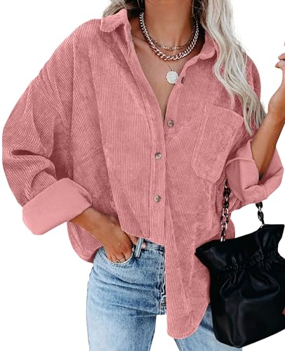 QIXING Hemdjacke Damen Herbst Winter Oversized Button Down Corduroy Dünne Jacket Cordjacke Damen Cord Hemd V-Ausschnitt Langarm Bluse mit Tasche Casual Jacke Musselin Bluse Damen (Rosa, M) QIXING Hemdjacke Damen Herbst Winter Oversized Button Down Corduroy Dünne Jacket Cordjacke Damen Cord Hemd V-Ausschnitt Langarm Bluse mit Tasche Casual Jacke Musselin Bluse Damen (Rosa, M)