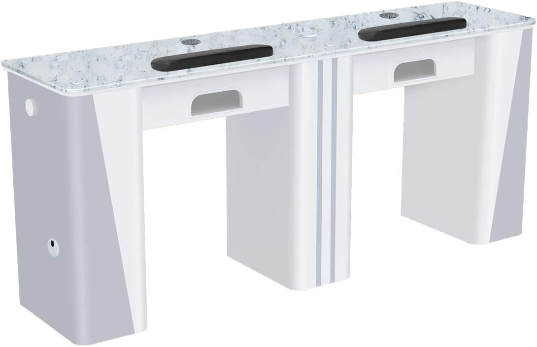 NOVA I Double Manicure Table (with Vent Pipes) Nail Station for Beauty Salon Furniture & Equipment, Marble Top Acetone Resistant, Modern White/Gray