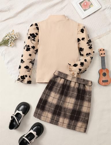 Image of Toddler Girl Clothes Girls Outfits Flare-lace Sleeve Top and Plaid Skirt Dress Fall Winter 2Pcs Girls Clothes 5-12T