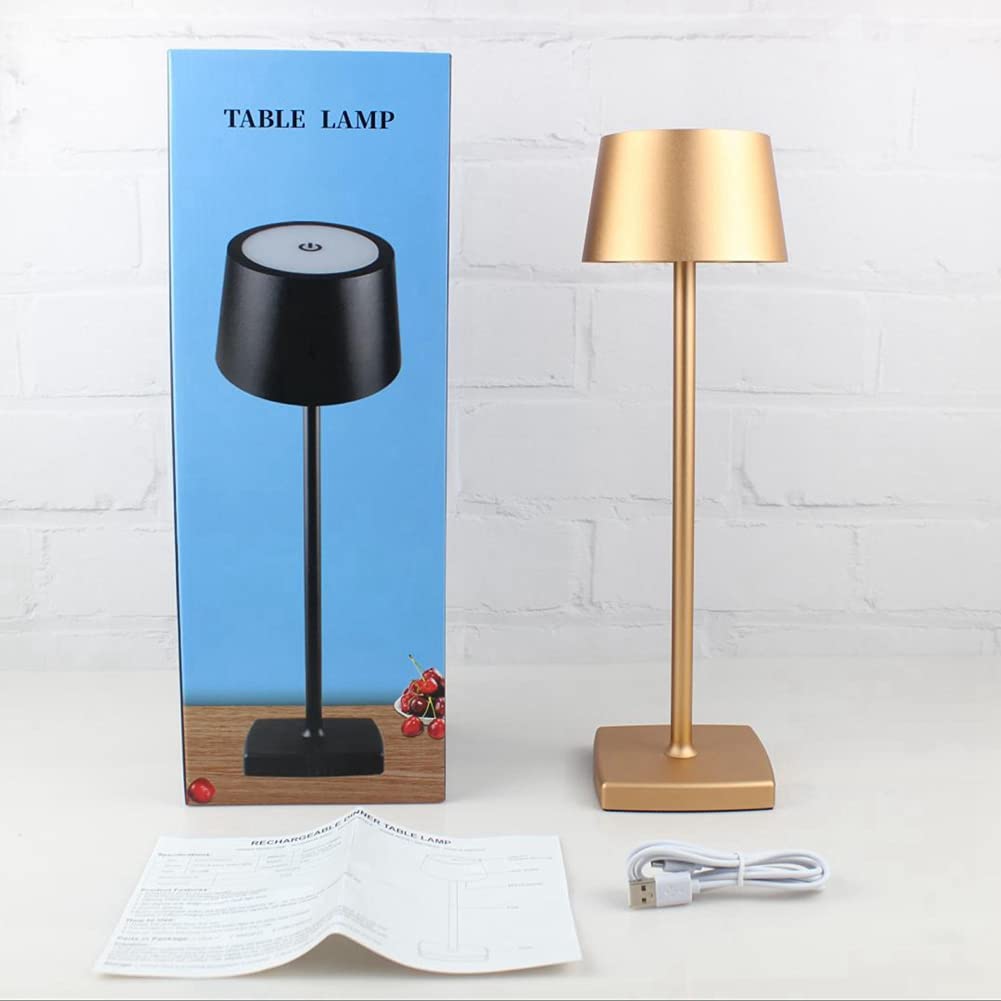 Tischlampe Kabellos, 6000mAh Akku Aufladbar, IP54 Wasserdicht, Warmes Licht LED, Tippen Sie auf Dimmen, Alle Aluminiumlegierungen, Gold