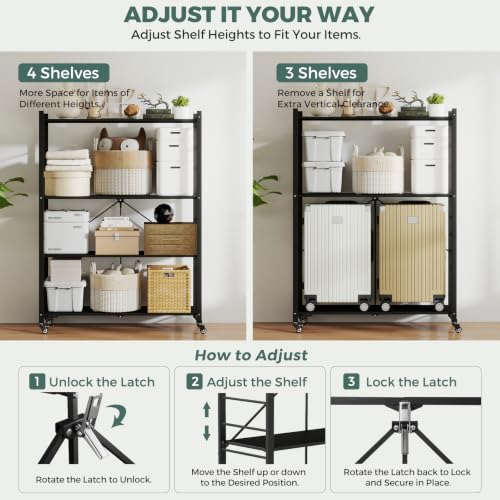Image of DEANIC 4 Tier Foldable Storage Shelves with Wheels, Large Capacity Shelving Unit, Freestanding Metal Wire Shelf Rack, No Assembly Organizer Rack for Garage Kitchen, Basement, Pantry (1, Black-Plus)