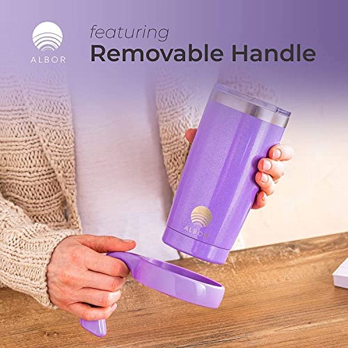 Albor Insulated Tumbler With Lid And Straw - 20 Oz Insulated Coffee Mug With Handle, Travel Coffee Mug With 2 Lids, 2 Metal Straw, Brush And Storage Bag, Glitter Violet #TOP5