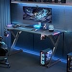 HLDIRECT 55 Inch Gaming Desk with LED Lights, Ergonomic Computer Gaming Table with Carbon Fibre Surface, Sturdy PC Workstation Desk for Gaming and Home Office with Headphone Hook, Cup Holder, Black - Image 2
