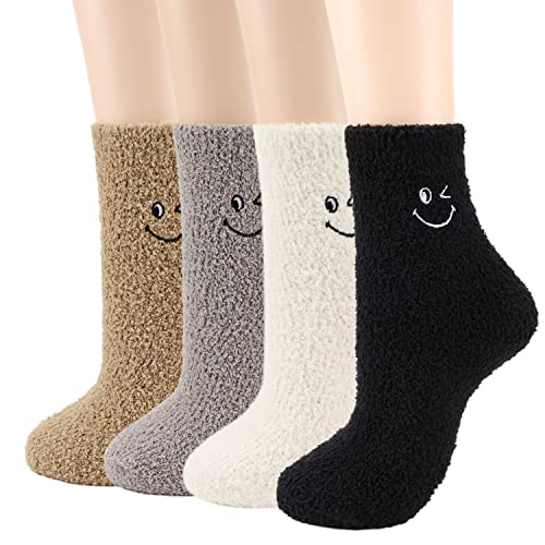 Aiphamy Womens Warm Fuzzy Socks Soft Cozy Fluffy Slipper Socks House Sleep Crew Socks 5/6 Pairs (4 Pack Smiley Face) #TOP1