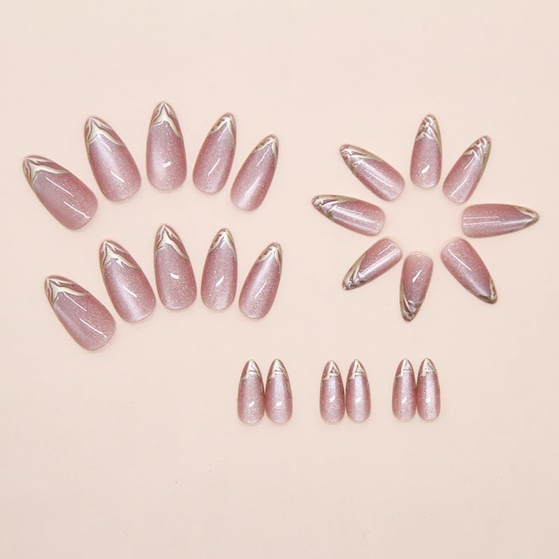 Image of Peach Cat Eye Golden Tip Almond Press On Nails Kit for Women And Girls Fake Nail Extension | Reusable Nail Extension For Women With Glue Tab | Long Lasting Glossy Finish Artificial Nails | Easy to Apply Fake Nails for Salon Look at Home | Stick-On Manicure Kit For Parties, Weddings And Gifts | Trendy Nail Art Set for All Occasions
