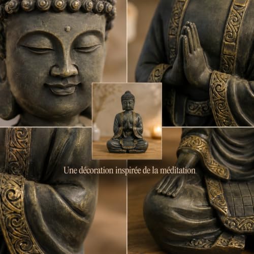 Zen Light - Grande Statue Bouddha Zen 38 cm - Excellente Finition, Peinture Effet Patiné, en Résine - Bel Objet de Décoration et Feng Shui pour la Maison - Idée Cadeau Porte Bonheur – vue 6
