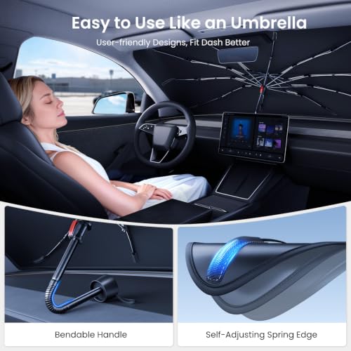 REEVAA 2026 Upgraded Windshield Sun Shade Umbrella [100% Sun Protection & Keep Cool] Protect Interior, 360° Flex Handle Sun Shield Sunshade for Tesla Model Y 2017-2026 Juniper, Z4 — view 4
