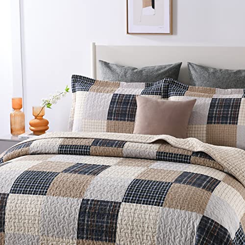 Image of PANGUSHAN Quilts Set King Size,100% Cotton Quilt,Patchwork Plaid King Quilt Bedding Set Bedspreads,Farmhouse Rustic Lightweight Comforter for King Bed,Cream /Brown /Blue-Black /Off-White Bed Spread