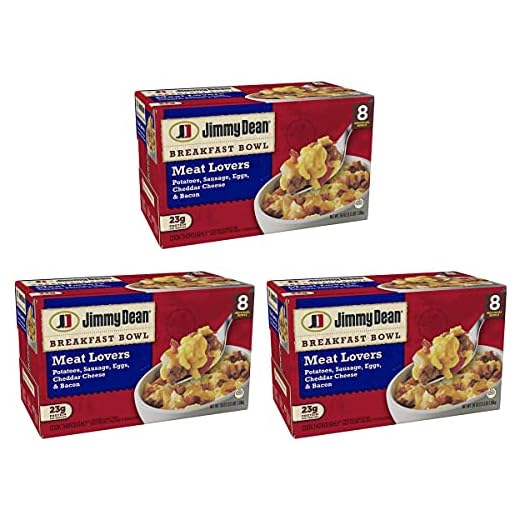 Gourmet Kitchn Jimmy Dean Meat Lovers Breakfast Bowls - 3 Boxes (8 Bowls Each, 24 Bowls Total) - Potatoes, Sausage, Eggs, Cheddar Cheese and Bacon - Frozen Meal