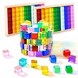 TANEMUDO 120 Pcs Acrylic Gem Cubes Blocks Translucent Colors Rainbow Building Cubes with Wooden Storage Box for Sensory Training Stacking Toys Educational Crystal School Birthday Gift (10 Colors)