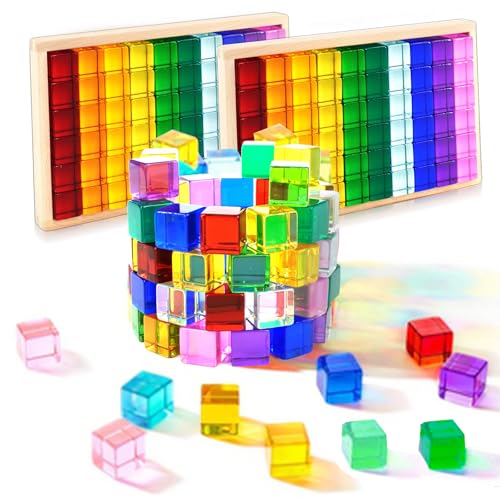 TANEMUDO 120 Pcs Acrylic Gem Cubes Blocks Translucent Colors Rainbow Building Cubes with Wooden Storage Box for Sensory Training Stacking Toys Educational Crystal School Birthday Gift (10 Colors)