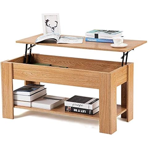 Leisure Zone Nature Wood Hydraulic Lifting Coffee Table, Oak Tea Table with Storage and Shelf for Living Room, Office, Study Room, Size: L 100cm W 45cm H 49-63cm Cover