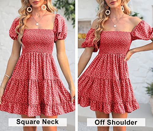 Image of Veatzaer Women's Puff Sleeve Square Neck Smocked Babydoll Dress Boho Floral Print Off Shoulder Ruffle Mini Short Dress