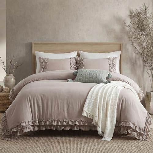 Bedorm Taupe Duvet Cover Set King Ruffle Bedding Set Pleat