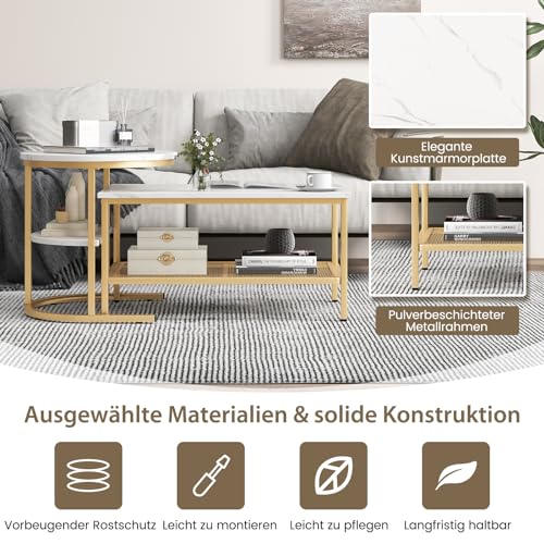 COSTWAY 2er Set Couchtisch, Beistelltisch Marmor Optik mit Metallrahmen & Ablage, Kaffeetisch Wohnzimmertisch Sofatisch für Wohnzimmer, Schlafzimmer (Weiß + Golden) – Bild 6