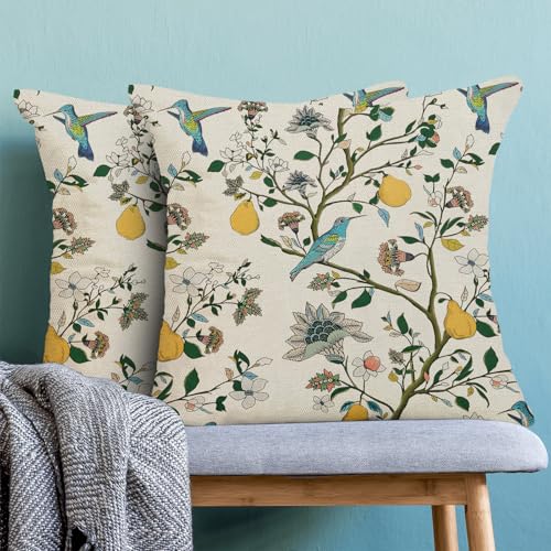 Vintage Floral Pillow Covers 18x18 Inch Set of 2 Boho Blue Hummingbird White Wildflower Throw Pillows Spring Summer Chinoiserie Pillowcases Linen Outdoor Decor Cushion Covers for Bed Couch Sofa — view 2