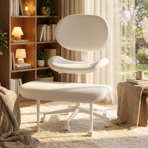Image of Pinmoco Ergonomic Cross Legged Chair with Wheels - Adjustable Height Meditation & Yoga Chair for ADHD, Wide Criss Cross Design with Lumbar Support, PU Leather, White