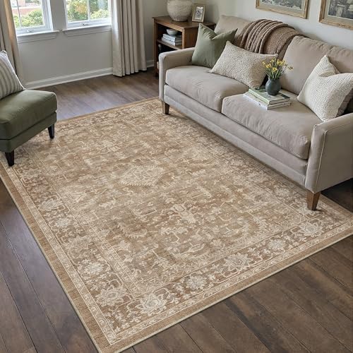 4x6 Brown Entryway Rug Vintage Area Carpet Indoor Office Washable Door Mat Entrance Small Low Pile Traditional Distressed Retro Accent Throw Boho Rug Non Slip Kitchen Bathroom