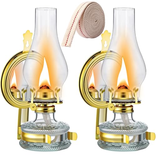 GXFCCYXT 2 Pcs Large Vintage Glass Clear Kerosene Lantern Wall Mounted Rustic Oil Lamp with 39 Inch Oil Wick for Indoor Use Home Decor Lighting - Gold