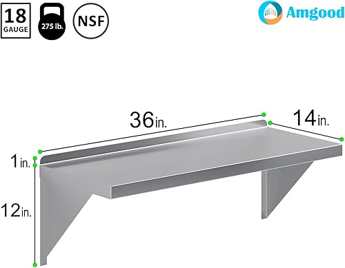 Miniatura 3 de AmGood Estante de pared de acero inoxidable de 14 x 36 pulgadas  Estantería de metal para electrodomésticos y equipos  Cocina, restaurante, garaje,