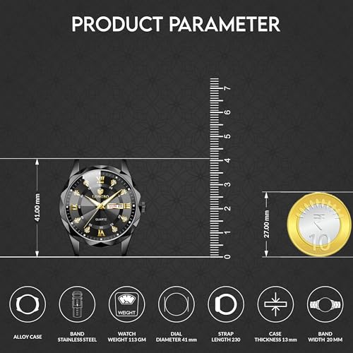 Image of Longbo Zenith Watch for Men Analog Quartz Dress Diamond Business Stainless Steel Watches Waterproof Luminous Date Luxury Men's Wristwatch | Birthday Gift For Men | Gift For Husband | Gift For Brother (Black Black)
